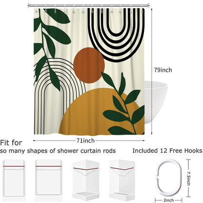 Hnmdmyi Boho Shower Curtain 180x200, Mid Century Abstract Arch Sun Green Leaf Beige Bathroom Curtains Modern Minimalist Aesthetic Art Waterproof
