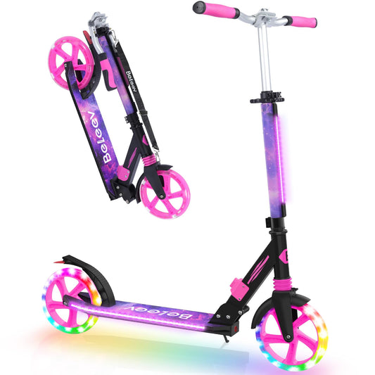 BELEEV V8 Scooters for Kids Ages 6+ with Light-Up Wheel & Stem & Deck, 2 Wheel Folding Scooter for Adults Teens, 4 Adjustable Height, Lightweight