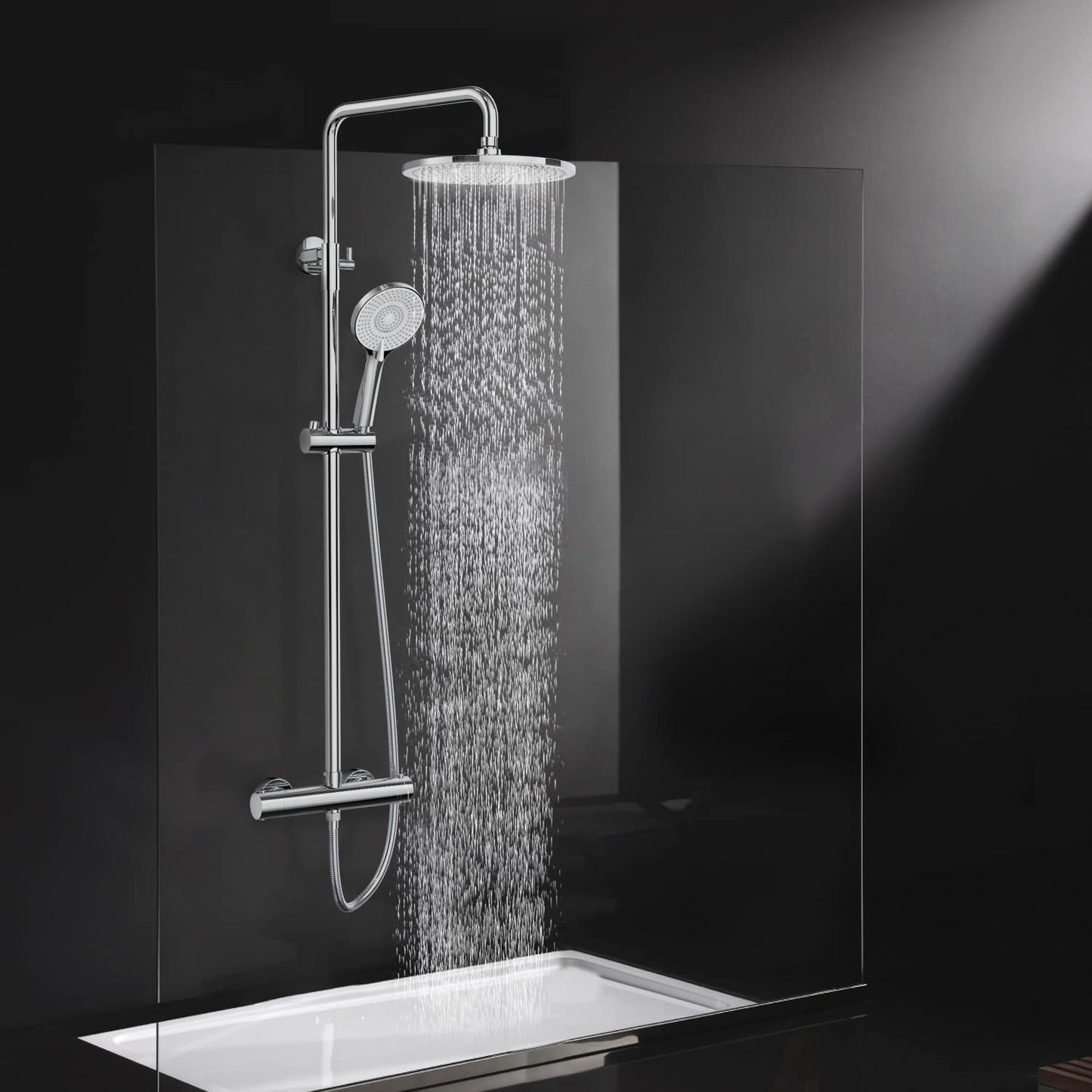 Rainsworth Thermostatic Shower Mixer Set Chrome, 25cm Round Overhead Rainfall Shower, 3 Jet Types Handheld Shower, Height Adjustable Shower System