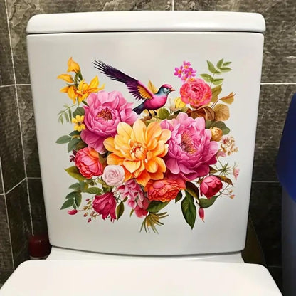 Colorful Flower Cluster Bird Toilet Cover Sticker Decals,Flower Leaf Butterfly Waterproof Toilet Lid Tank Seat Decals Cistern Self-Adhesive Bathroom
