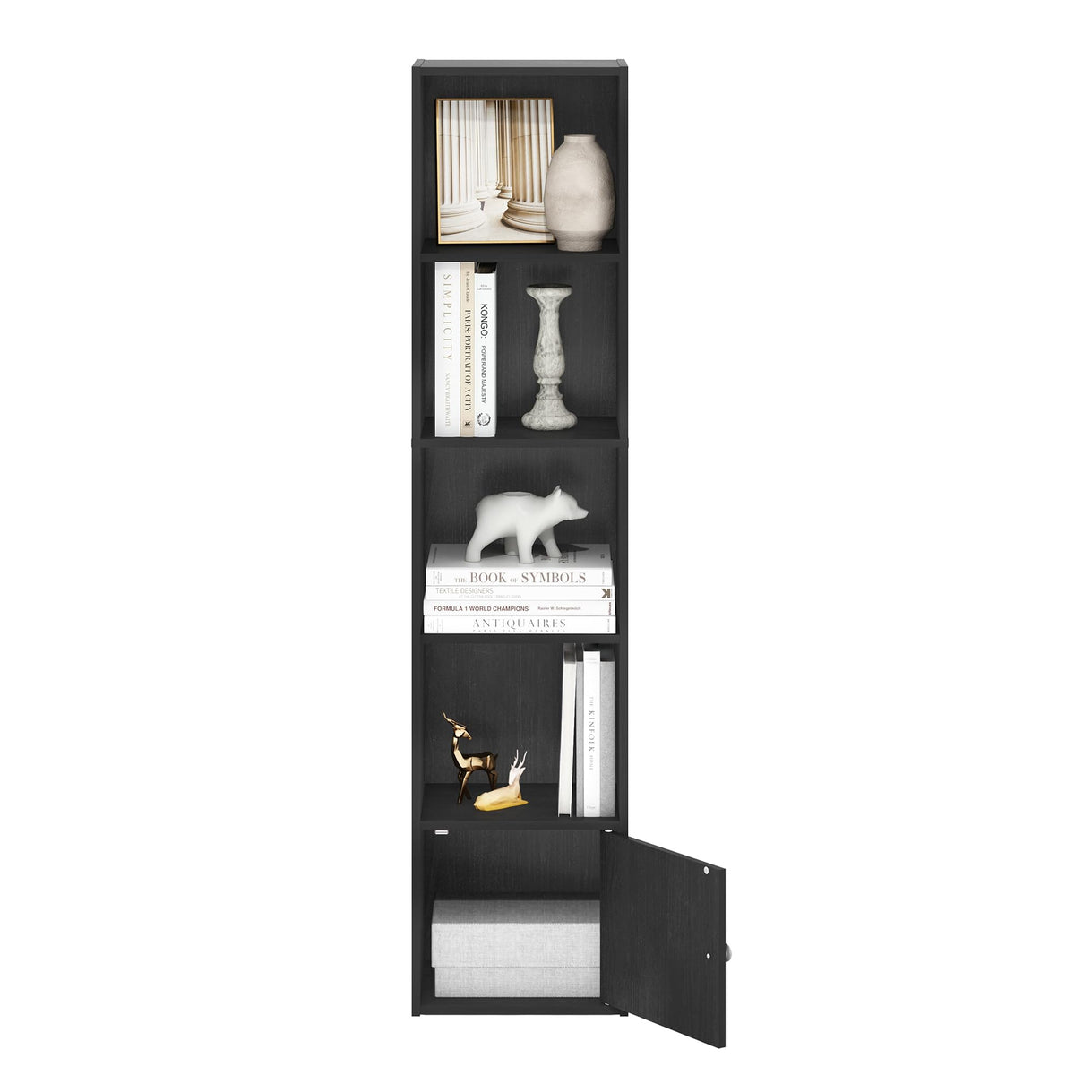 Furinno LUDER Book Shelf, 5-Tier Modern Bookshelf, Bookcase with 1 Door Storage Cabinet, 9.3 x 12 x 52, for Living Room, Bedroom, Home Office