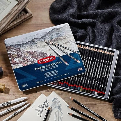 Derwent Tinted Charcoal Drawing Pencils, Drawing & Writing, Set Of 24, Watersoluble, Ideal For Blending & Smudging, Professional Quality, 2301691