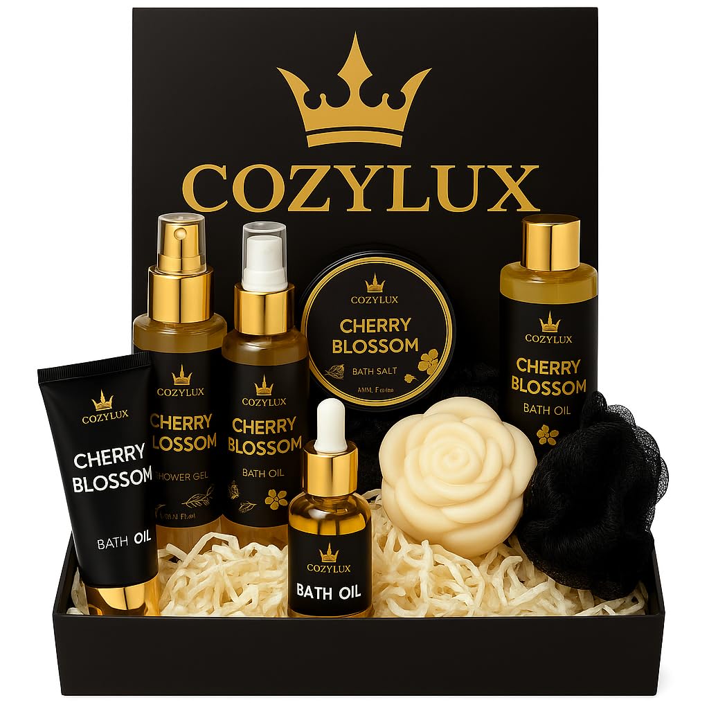 Cozylux Cherry Bossom Spa Gift - Gift Set for Women, 8 Piece Shower Gift - Bubble Bath ,Shower Gel, Soap, Hand&Body Cream & Mist, Bath Mist, Bath Salt