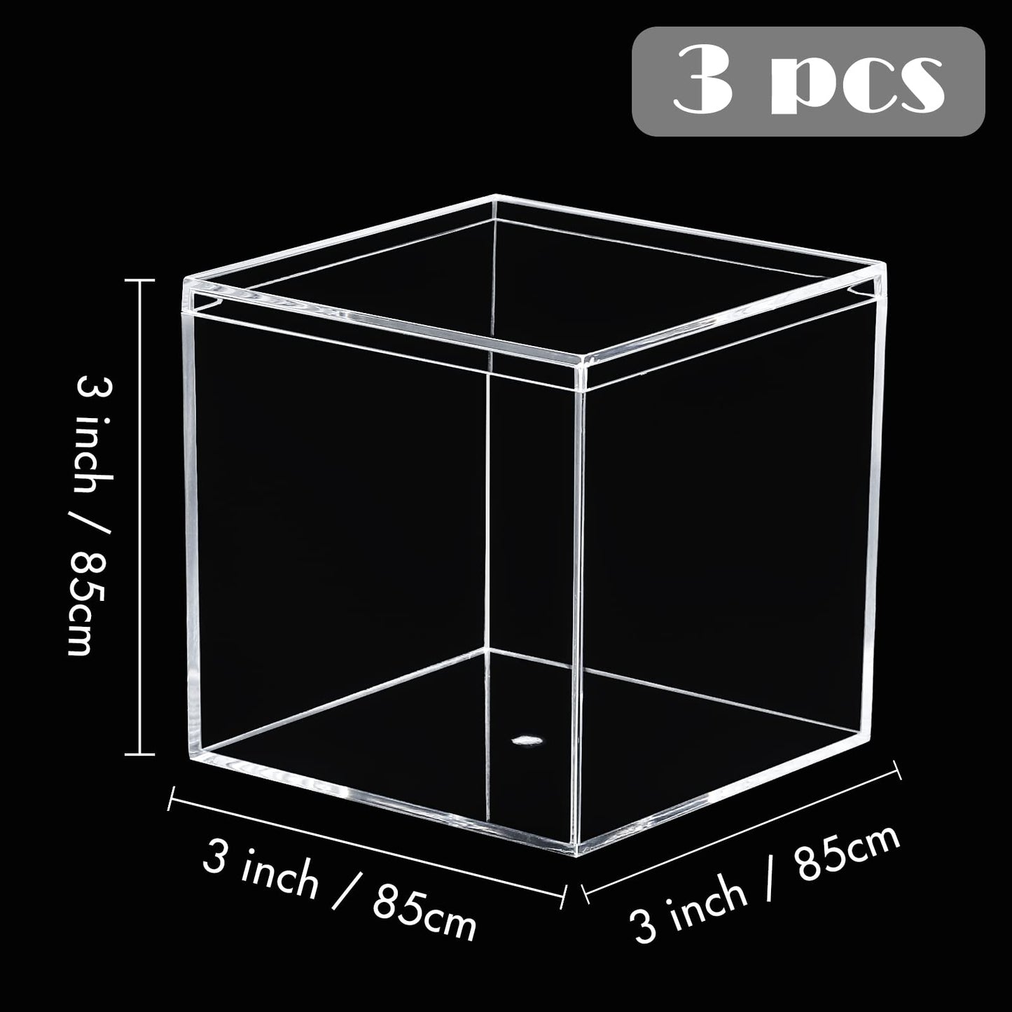 Kamehame Acrylic Display Box with Lid Clear Small Boxes 3 Pcs 8.5 x 8.5 x 8.5 cm / 3.3 x 3.3 x 3.3'' Square Cube Boxes Storage Containers Organiser