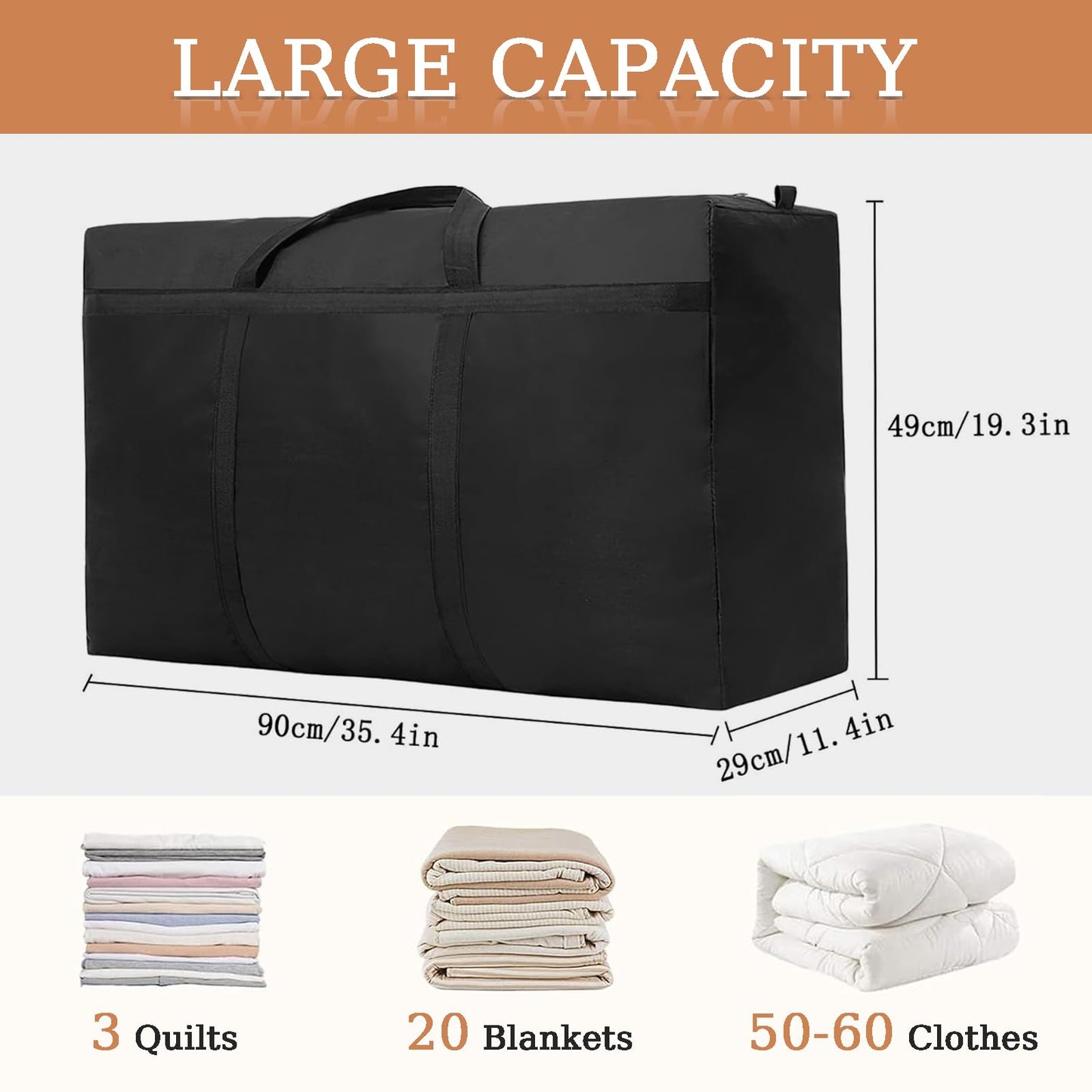 4 Pack 125L Large Storage Bags with Zips, Waterproof 600D Oxford Moving Bags, Clothes Storage Bag for Duvets, Laundry, House Garden, Underbed Storage