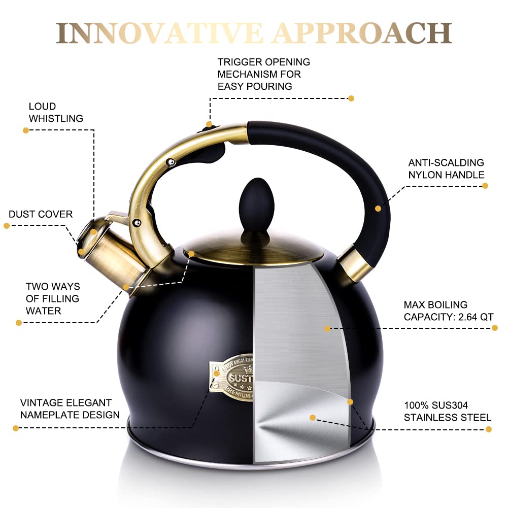 SUSTEAS Stove Top Whistling Tea Kettle-Surgical Stainless Steel Teakettle Teapot with Cool Touch Ergonomic Handle, with 1 Silicone Pinch Mitt