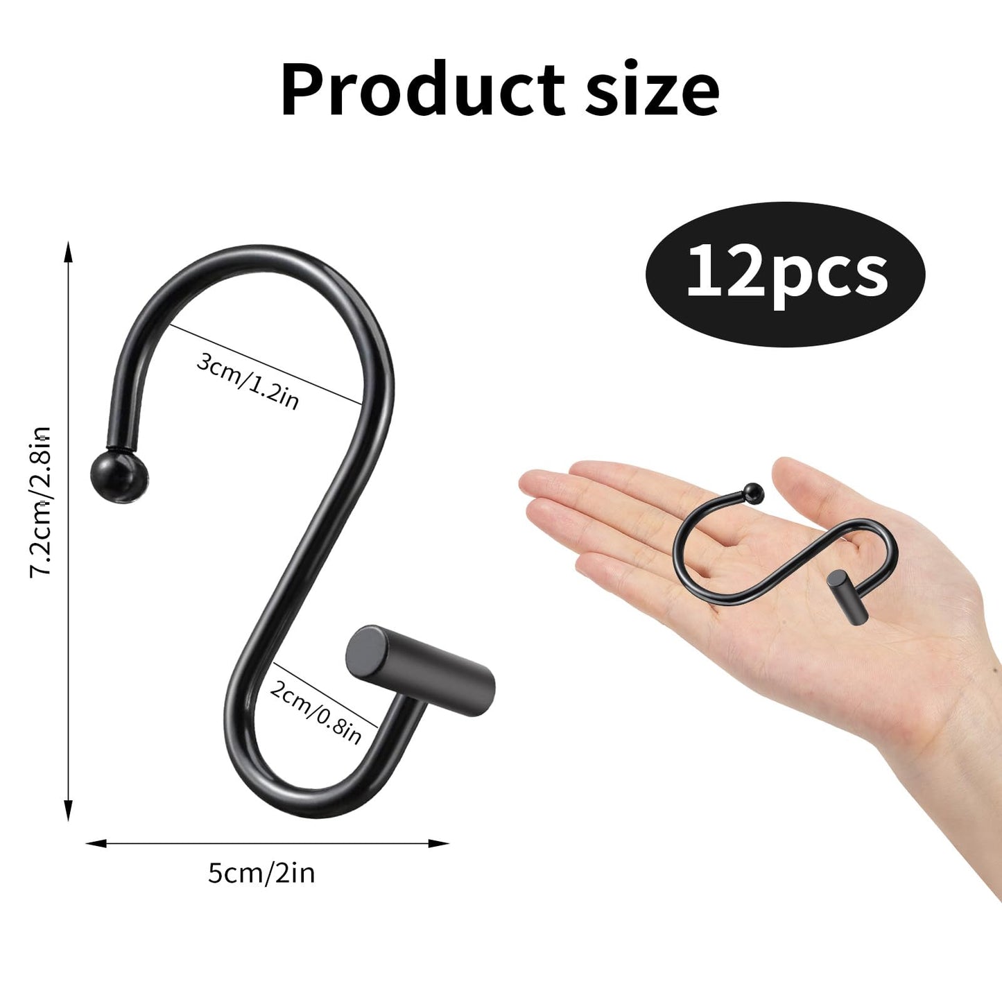 AURIVISTA 12 Pack Shower Curtain Hooks, Rust Proof T-Bar Rings, Black