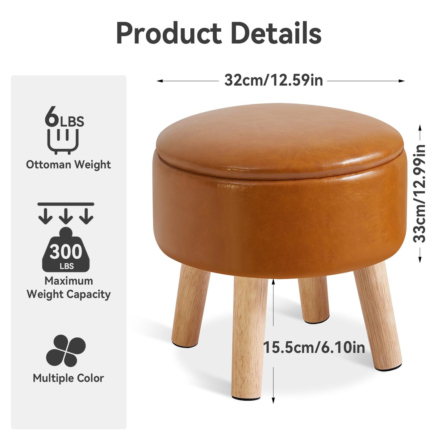IBUYKE 13 Inch Small Footstool Ottoman with Storage, Round Pouffe Foot Rest with Padded Seat and Wood Legs