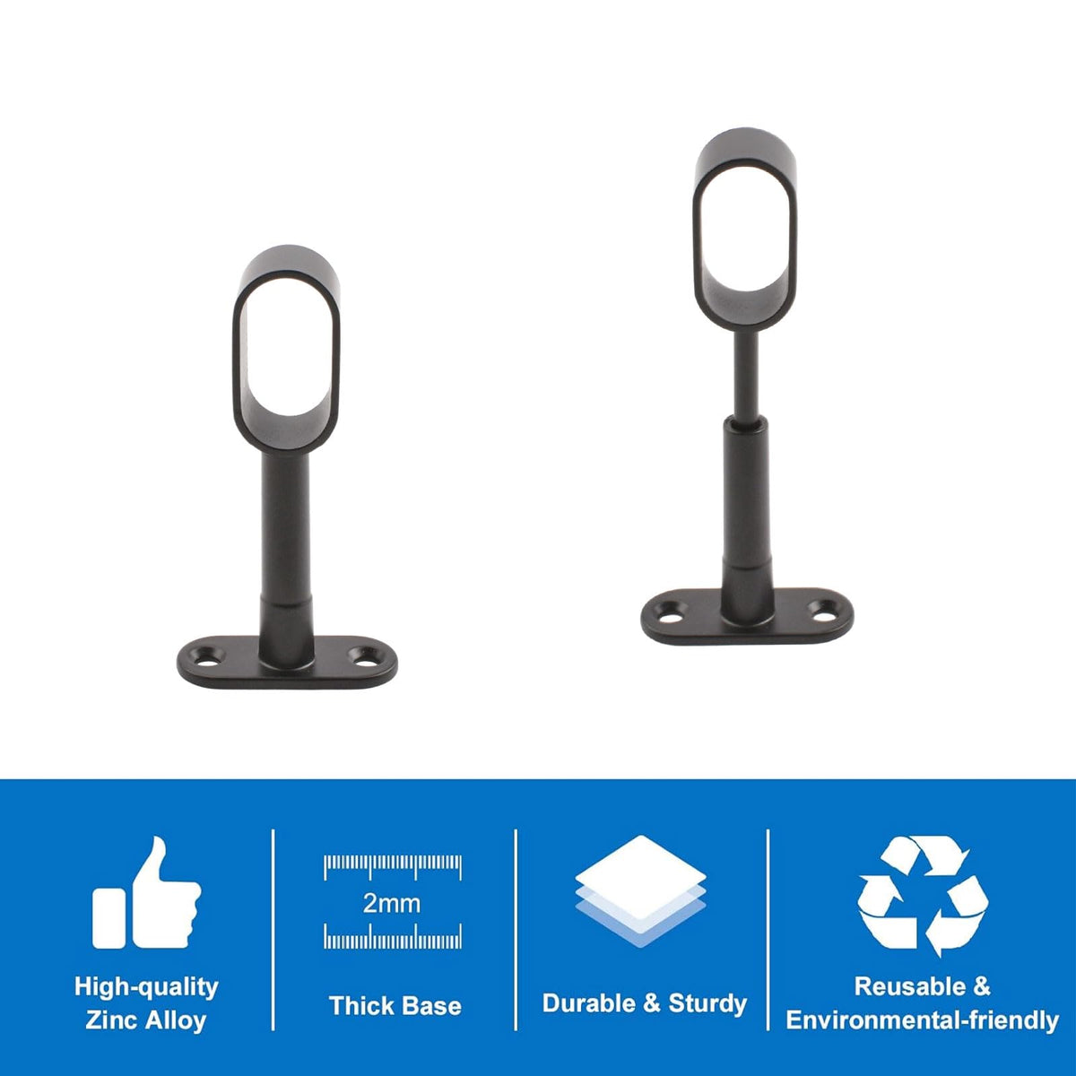 INCREWAY Oval Wardrobe Rod Support, Black Zinc Alloy Ends, Adjustable Hollow Rod Bracket, for Bedroom & Bathroom