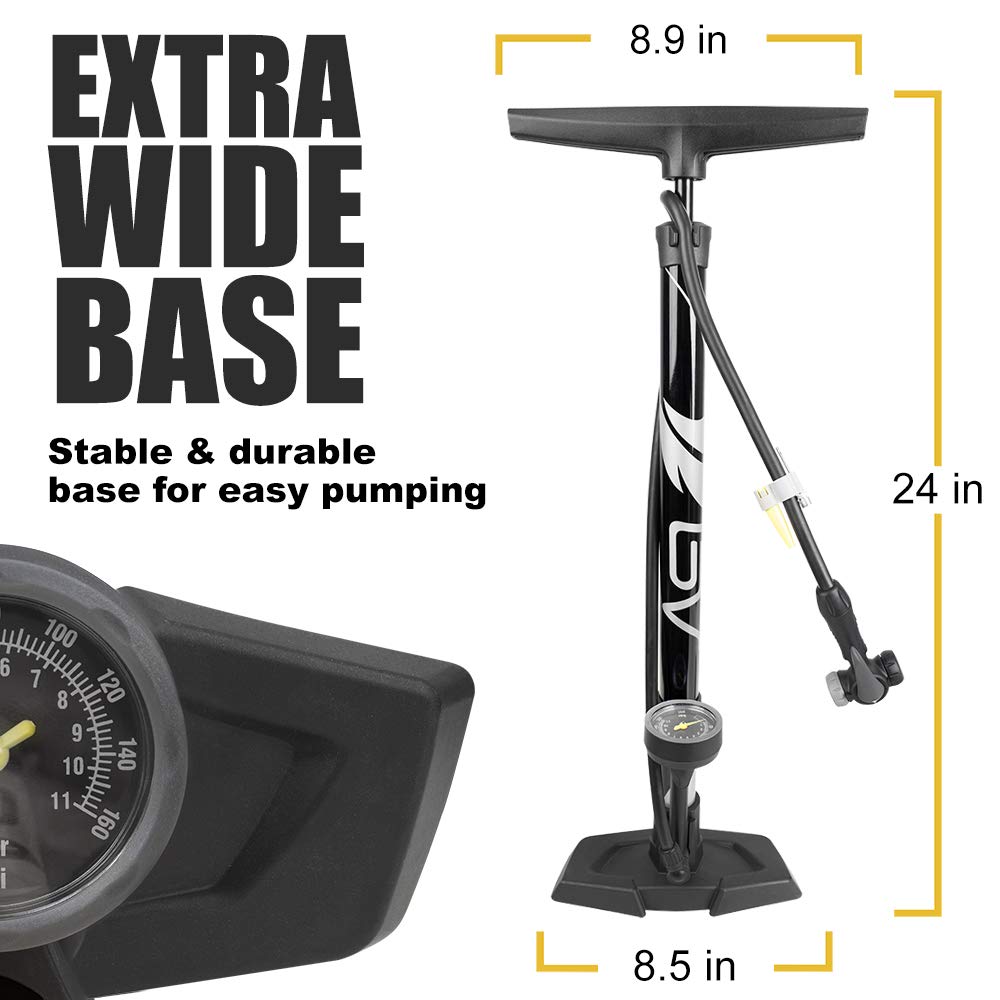 BV Bicycle Pump Durable Steel Bike Floor Pump 17/24 inch Smart Valve Head, 160 psi, Automatically Reversible Presta and Schrader (Black- Full Size)