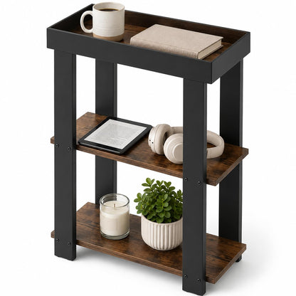ZEXVIDA 3-Tier Narrow Side Table with Tray Top,Slim Side Table,Rustic Brown