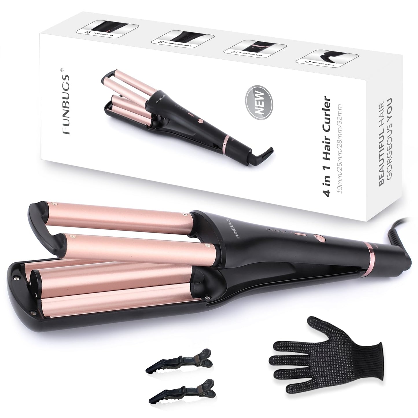 FUNBUGS 4 in 1 Hair Waver - Adjustable Barrel for 4 Different Waves (Healthy Ceramic Curling Iron for Short & Medium Hair, 160?C-210?C, 30s Heat-up,