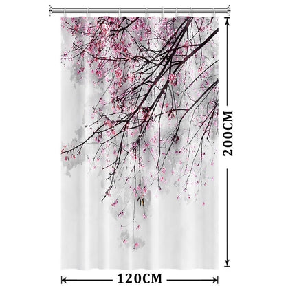 Xiaoterna Spring Shower Curtain Cherry Blossom Shower Curtain Red Plum Floral Bathroom Curtain Chinese Oriental Ink Painting Floral Shower Curtain