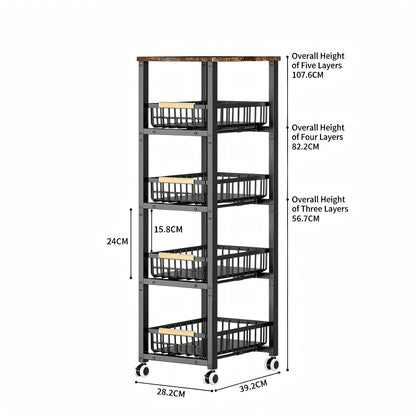 JSHNE Kitchen Trolley on Wheels, Vegetable Rack for Kitchen, Stackable Fruit Basket, 5 Tier Storage Trolley with Lockable Wheels