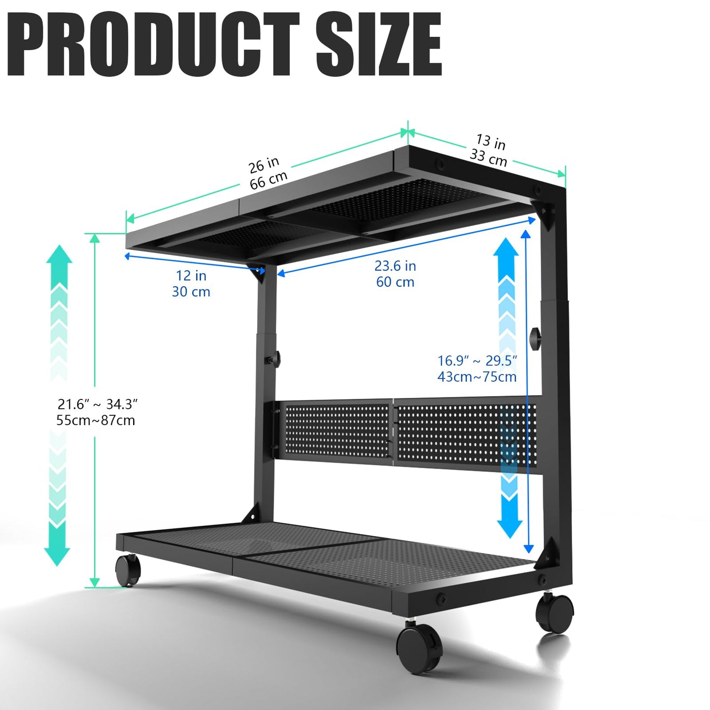 Moricher Computer Tower Stand - Height Adjustable 2-Tier ATX-Case PC Stand Printer Rack Pegboard with Rolling Wheels & Mousepad for Home Office