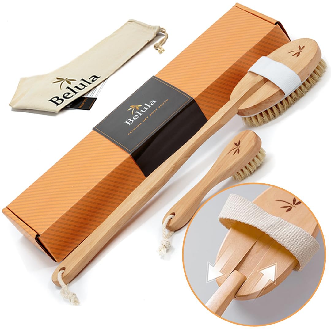 Belula Premium Dry Brushing Body Brush Set- Natural Boar Bristle BodyBrush, Exfoliating FaceBrush & One Pair Bath & Shower Gloves. Free Bag & How to ?