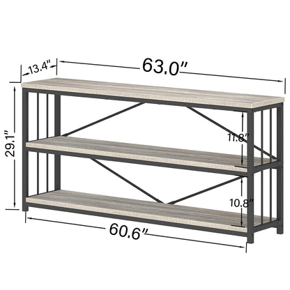 IBF Low Long Horizontal Bookshelf, Industrial Modern 3 Tier Etagere Bookcase, Large Wide Open Rustic Metal and Wood Grey Book Shelf for Bedroom