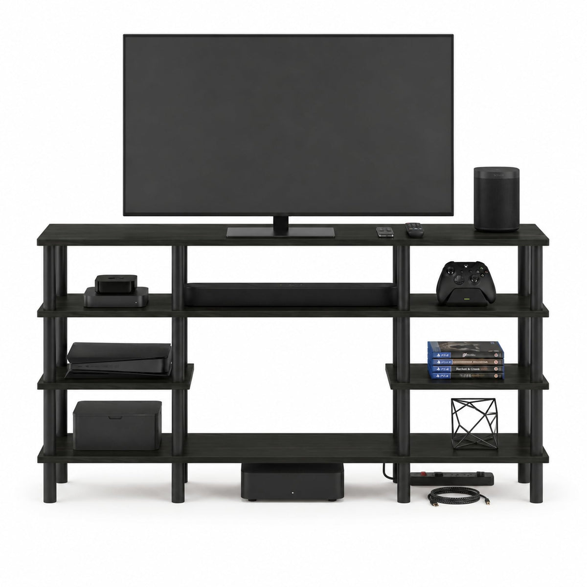 Furinno TURN-N-TUBE TV Stand, 4-Tier Multipurpose Wide Shelf Entertainment Center, TV Console for TV up to 55 Inch, for Living Room, Bedroom, Espresso
