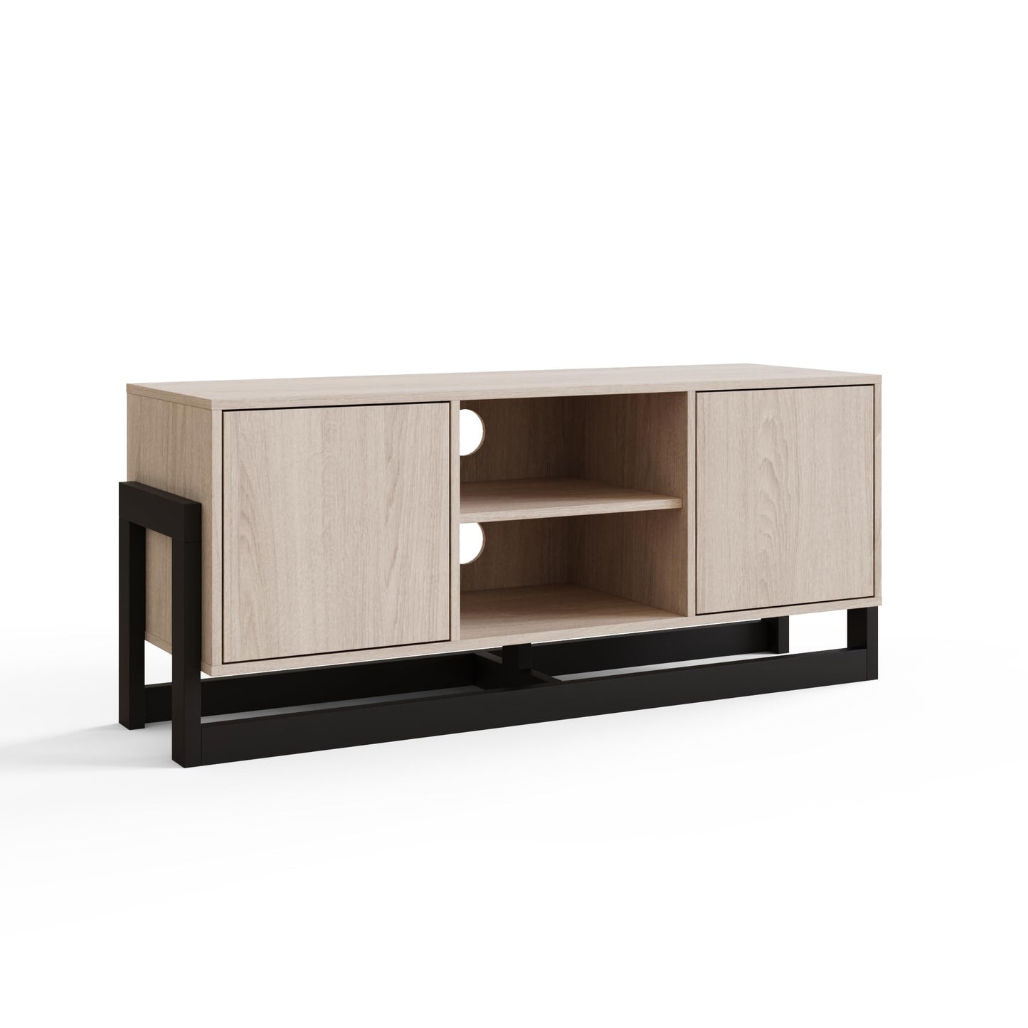 GFW Taite Oak 2 Door TV Unit, Modern TV Cabinet with Storage, Open Media Shelves and Black Metal Frame for TVs up to 50 Inches