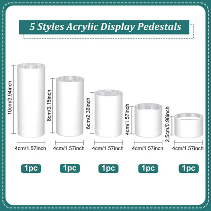 BENECREAT 5pcs Clear Acrylic Display Block - 3/4/6/8/10cm Round Cylinder Solid Pedestal Stand for Jewelry, Gem, Pop Figures & Cosmetic Showing
