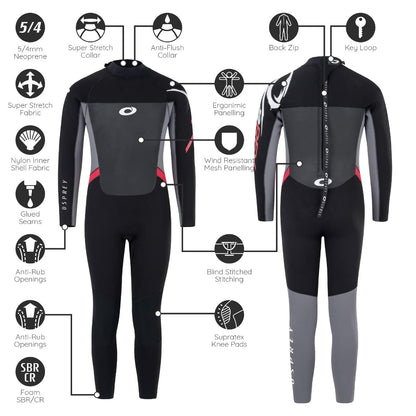 Osprey | Kids 5mm Wetsuit, Full-Length Winter Kids Neoprene Surfing Bodyboarding Wetsuit, Origin, Red