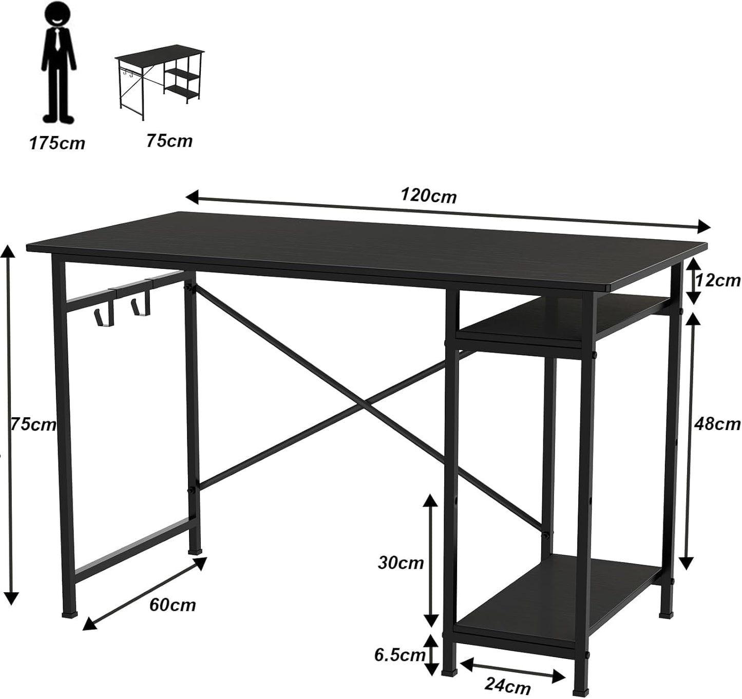 YOBWOK Computer Desk,Desk with 2 Reversible Shelves, Computer Table for Workstations, Gaming Desk, for Home Office, Living Room, Steel Frame,2 Hooks