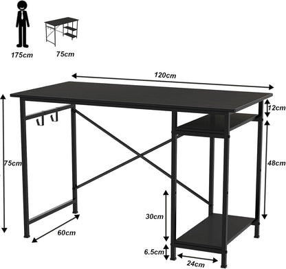 YOBWOK Computer Desk,Desk with 2 Reversible Shelves, Computer Table for Workstations, Gaming Desk, for Home Office, Living Room, Steel Frame,2 Hooks