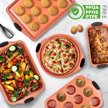 8 Piece Baking Pan Set - PFOA, PFOS, PTFE Free Flexible Nonstick Carbon Steel Bakeware Set - Home Kitchen Bake Pan Cookie Sheet Stackable Baking Tray Set w/Black Silicone Handles