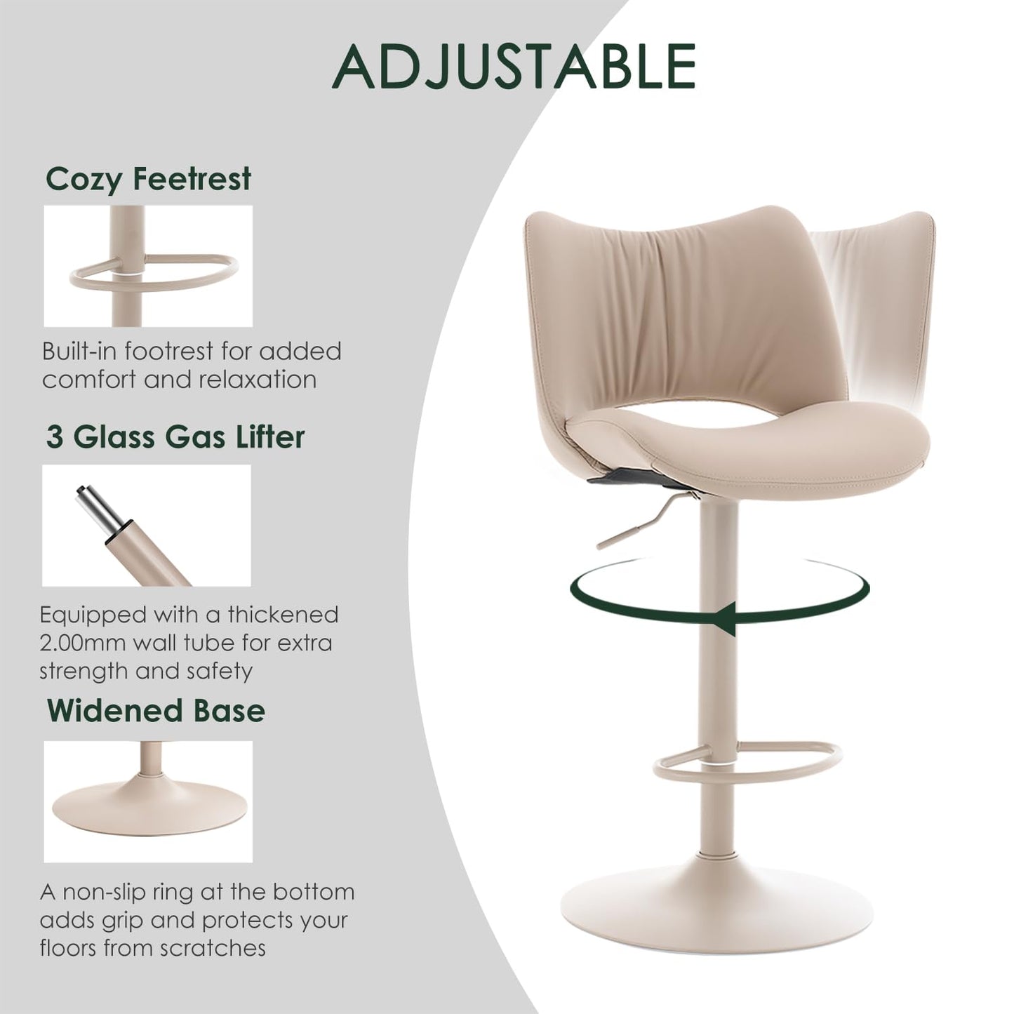YOUNUOKE Bar Stools Set of 2, Adjustable Breakfast Bar Stools, All Khaki