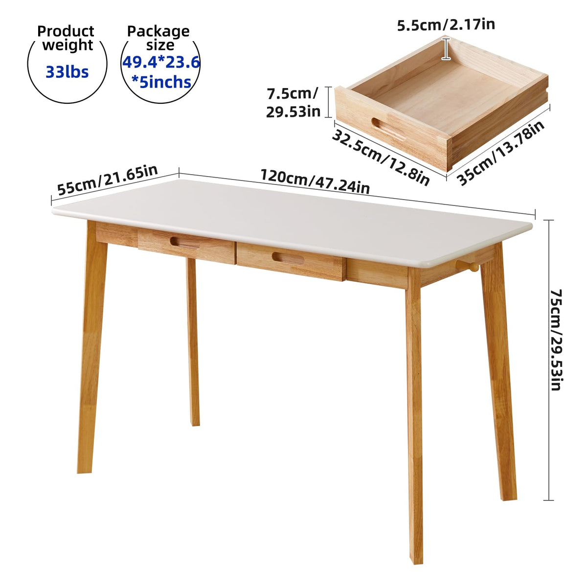 Aibiju Computer Desk with 2 Drawers, 47" Solid Wood Home Office Writing Desk, Compact Simple Tables with Hook for PC, Laptop, Students, Study, Makeup