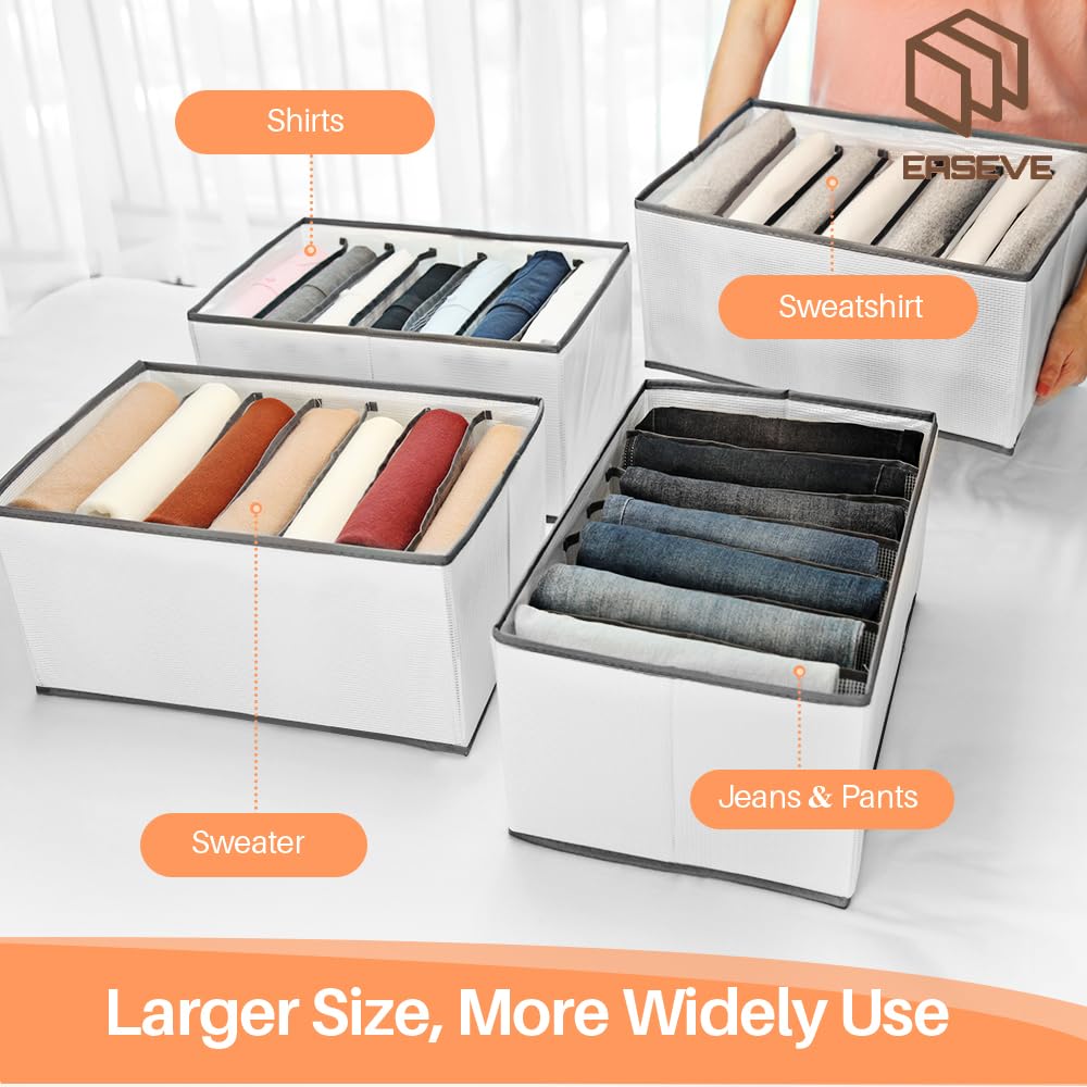 EASEVE 6 Pack Wardrobe Closet Organiser and Storage for Clothes - 7 Grids Foldable Drawer Dividers Organizer for Jeans | Trousers | Shirts | Pants,