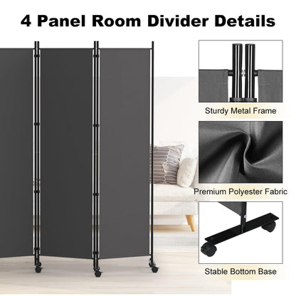 HIDODO 4 Panel Room Divider Folding Privacy Screen, Freestanding Room Partition with Lockable Wheels, Portable Wall Divider for Room Separation