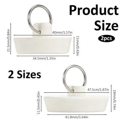 2 Pack Rubber Bath Plug, Universal 1-3/4"(41.8-47.5 mm) and 1-3/8" (34.5-40 mm) White Bathroom Sink Drain Tub Stoppers with Hanging Ring for Bathtub