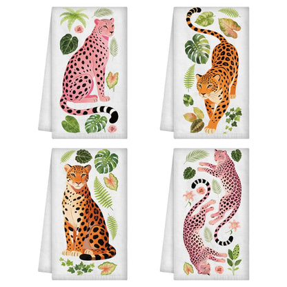 WADORN 4 Styles Leopard Kitchen Towels 16x24 Inch Microfiber Leopard Decorative Hand Dish Towels Spring Summer Soft Absorbent Quick Drying Tea Towel