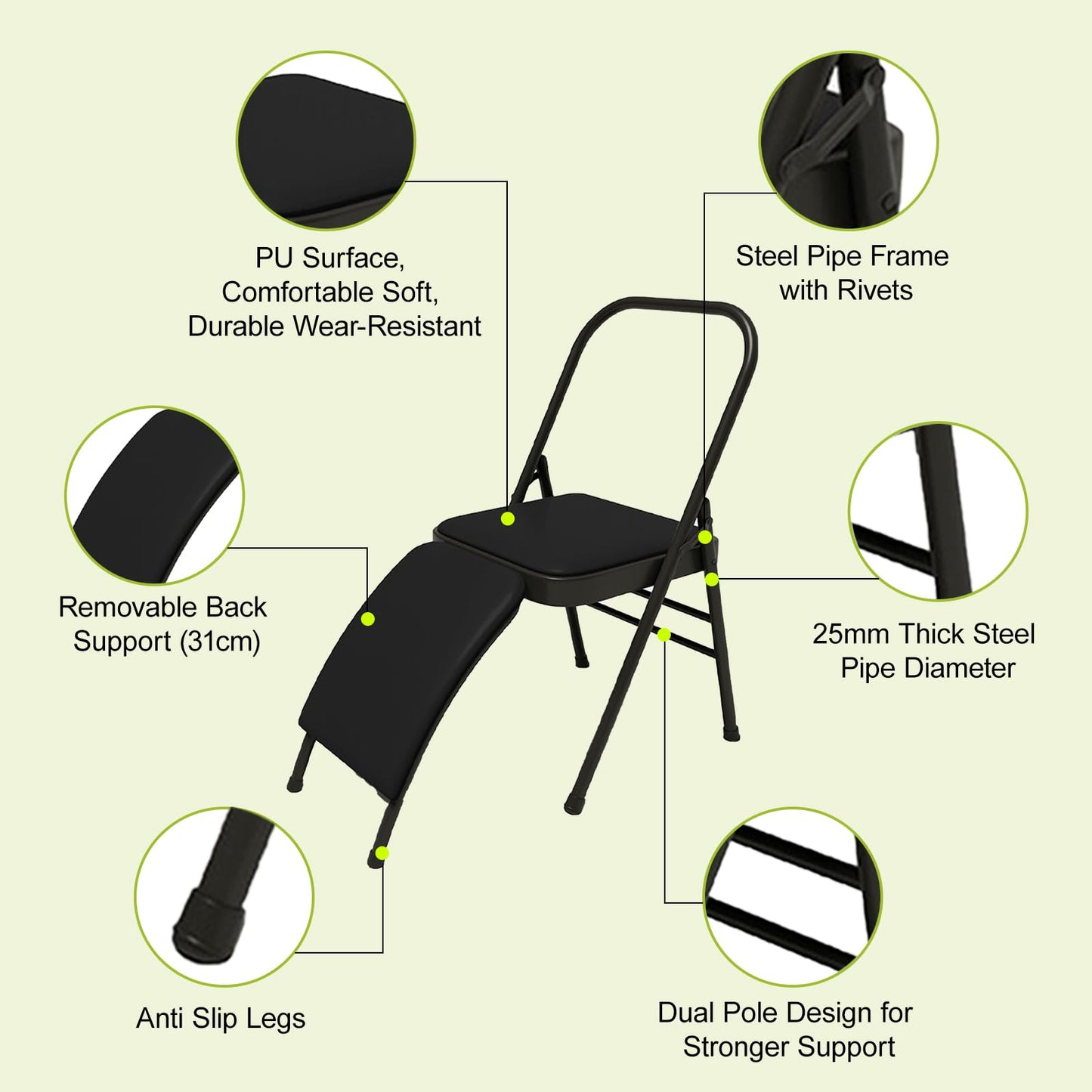 YUZINO Folding Chair Yoga Auxiliary Chair, PU Leather Padded Seat with Waist Support & Metal Steel Frame