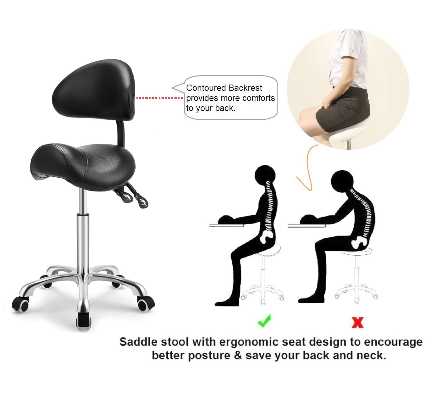 Kaleurrier Rolling Swivel Stool with Back - Height Adjustable with Wheels, Heavy Duty Anti-Fatigue, Ergonomic Chair for Lab, Clinic, Dentist, Salon
