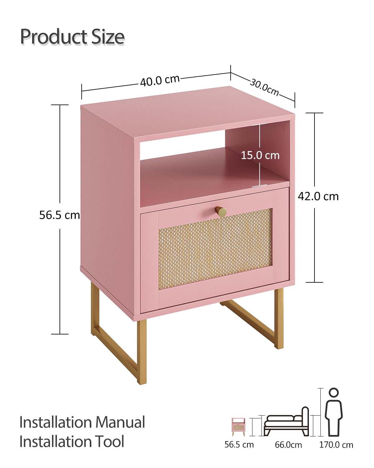 HEYZOEY Rattan Bedside Table,Modern Boho Farmhouse Wood Nightstand with Storage Drawer and Open Shelf,Small Gold Frame Side Table for Bedroom,Living
