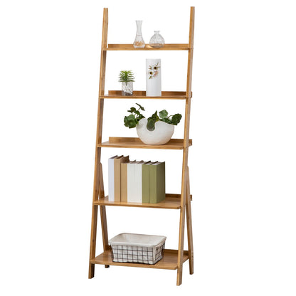 SOBIBO Bamboo Ladder Shelf, 5-Tier Storage Rack，Bookshelf, Free Standing Organizer Storage Shelves Flower Plant Stand Rack Nature