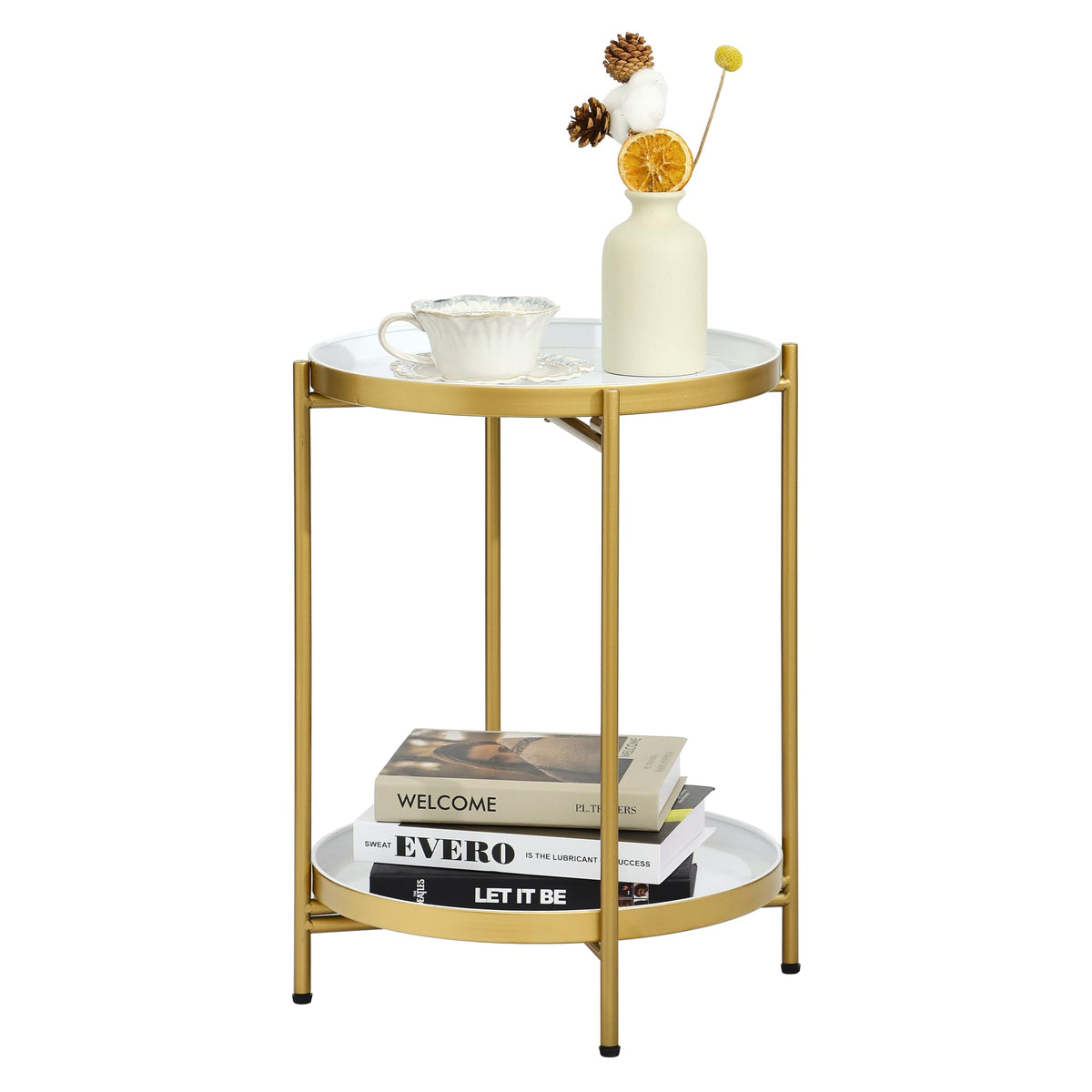 Mordchil EU 2-Tier Round End Side Table, Small Metal Side Table with Removable Tray, Folding Accent Tables for Living Room, Balcony
