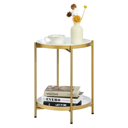 Mordchil EU 2-Tier Round End Side Table, Small Metal Side Table with Removable Tray, Folding Accent Tables for Living Room, Balcony