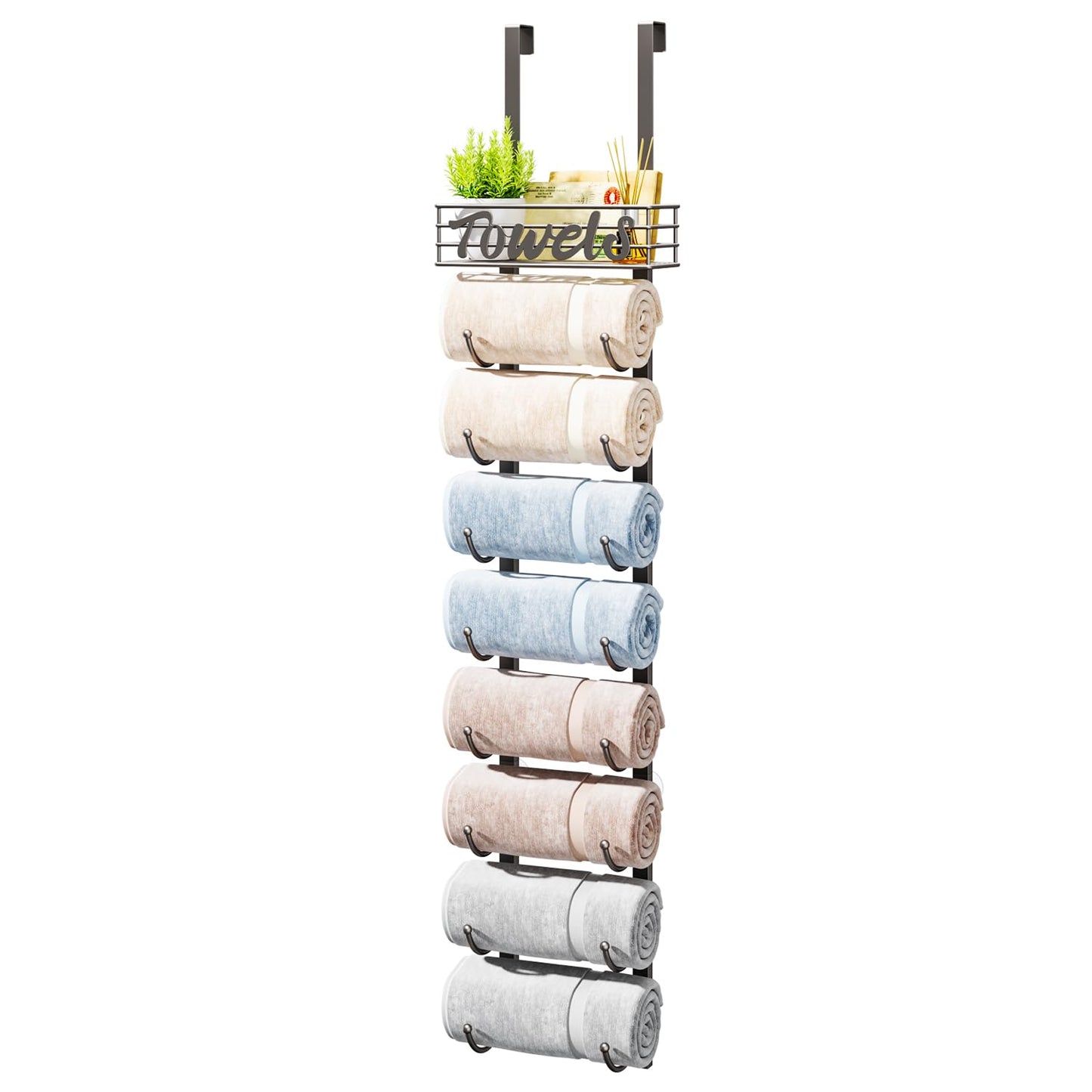 HapiRm Over Door Towel Rack - Towel Storage Rack Wall Mounted with Metal Shelf Basket