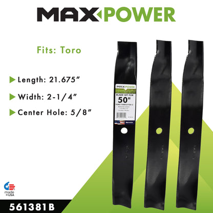 Maxpower 561381B 3 High Lift Blade Set for 50'' Cut Toro Time Cutter Z Mowers Replaces OEM no.110-6837-03, black