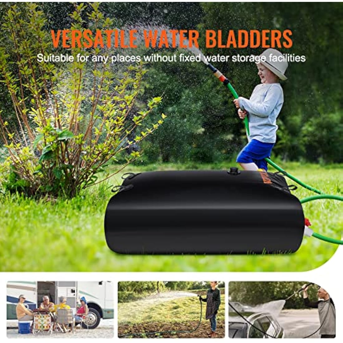 VEVOR Water Tank Bladder, 143 Gallon Large Capacity, PVC Collapsible Water Bladder Including Spigots and Overflow Kit, Portable Water Storage Bladder for Garden Water Catcher, Black