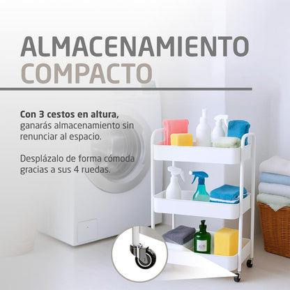 Amig – 3‑Tier kitchen trolley with castors Mod. LINN – Auxiliary steel shelving – White – Multipurpose trolley for kitchen, bathroom or office