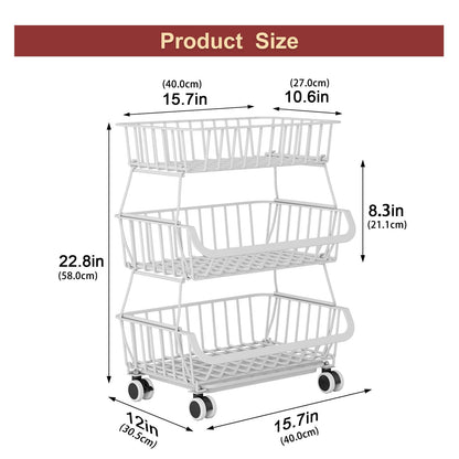 Miyawell 3-Tier Rolling Pantry Cart with Wheels, Stackable Wire Storage Floor Organizer for Kitchen Pantry Snack Shelves, Fruit Basket Stand