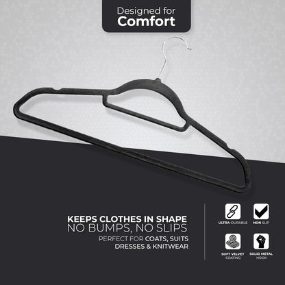 Roe Tenpo Coat Hangers, 20 Pack, Black | Velvet Hangers for Clothes with Tie Bar & 360° Hook | Durable & Sturdy | Non-Slip