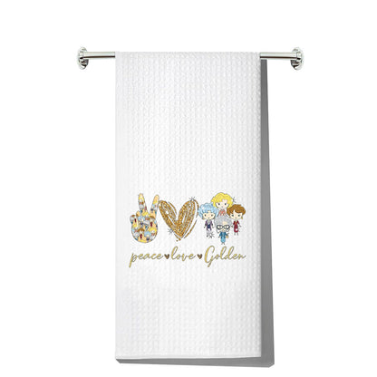 LEVLO Golden Girls Kitchen Towel Golden Girls Fans Gift Peace Love Golden Dish Towel Waffle Weave Golden Girls Kitchen Decor (Peace Love Golden)