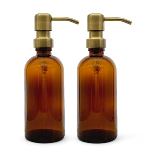 2 PCS Avalon Amber Glass Soap Dispenser Bottles 300ml with Metal Pumps (BPA-Free) Lotion Pump/Soap Dispensers ? Reusable Refillable Eco friendly,
