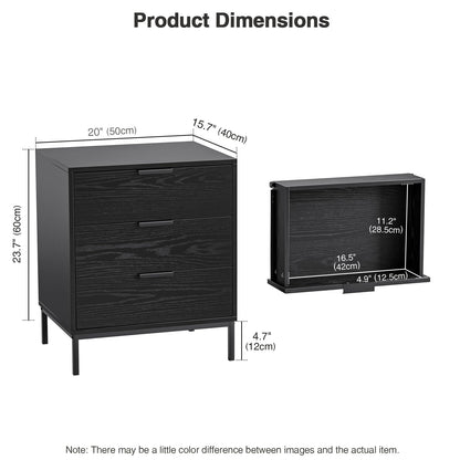 Skokliz Bedside Table with 3 Drawers, Black Nightstand for Bedroom, Wood Modern End Table for Living Room, Small Spaces, 50x40x60cm