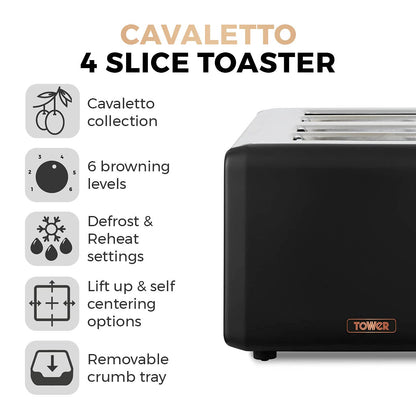 Tower T20051RG Cavaletto 4-Slice Toaster with Defrost/Reheat, Stainless Steel, 1800 W, Black and Rose Gold